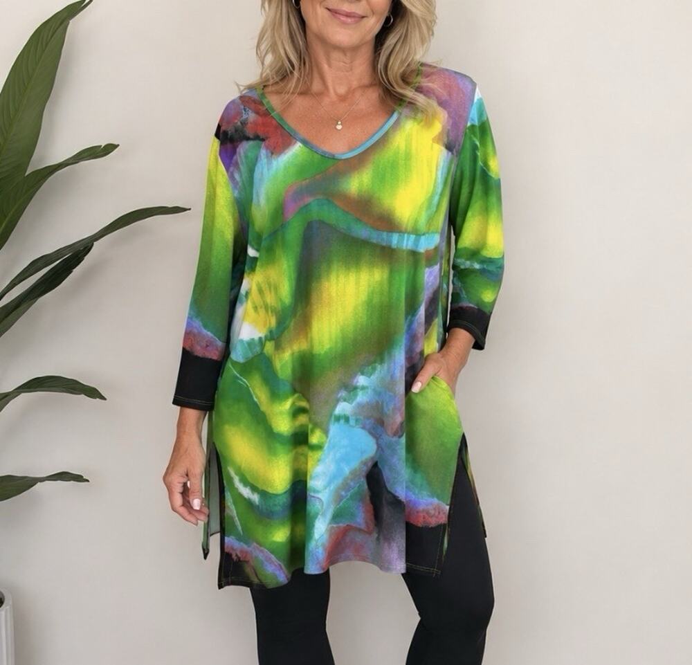 Clara Sun Woo Tunic Top Womens Large Abstract Artsy Print Stretch 3/4 Sleeve